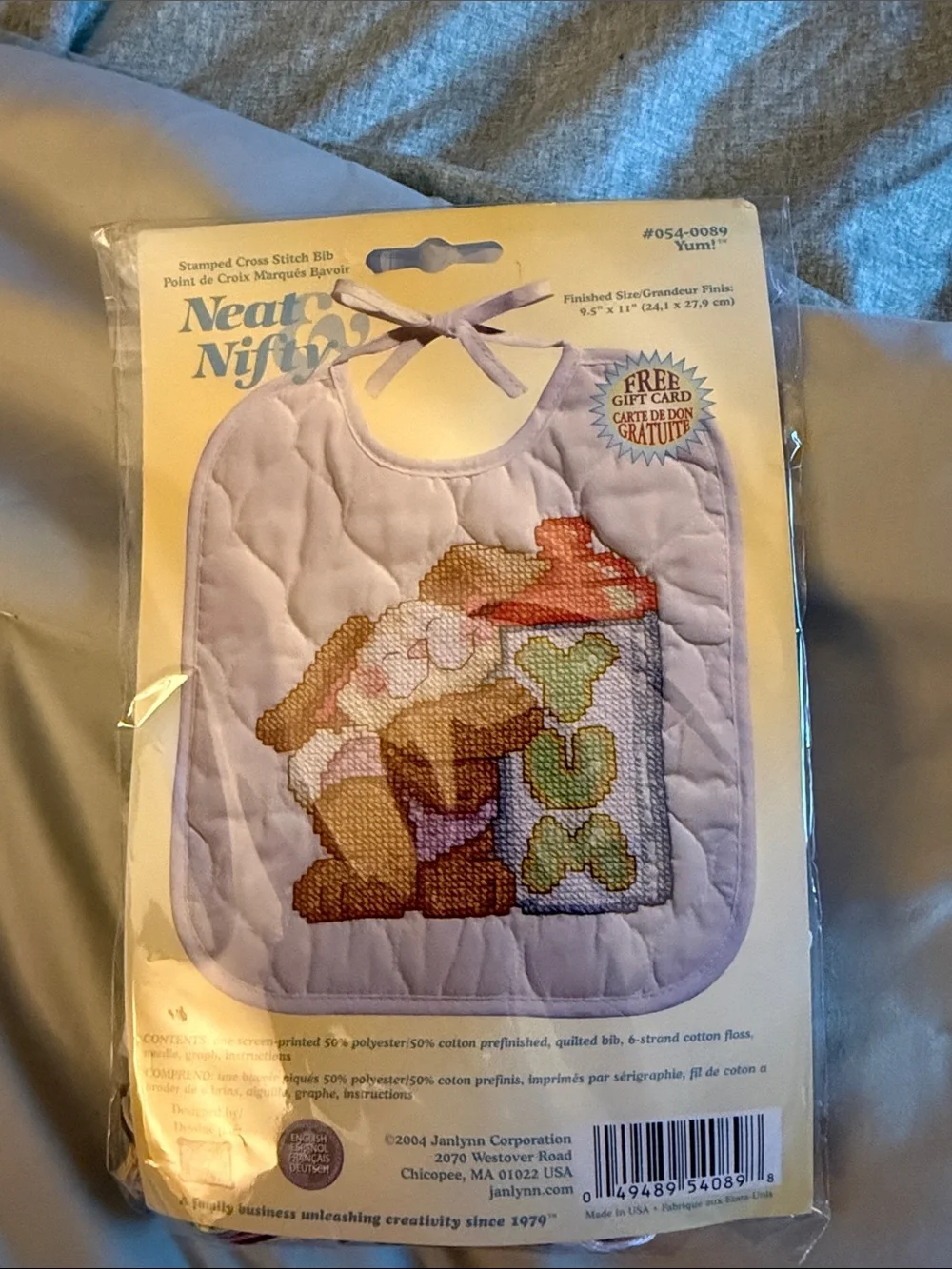 Kids Bib - Lavender with Cross-Stitch Rabbit  Design
